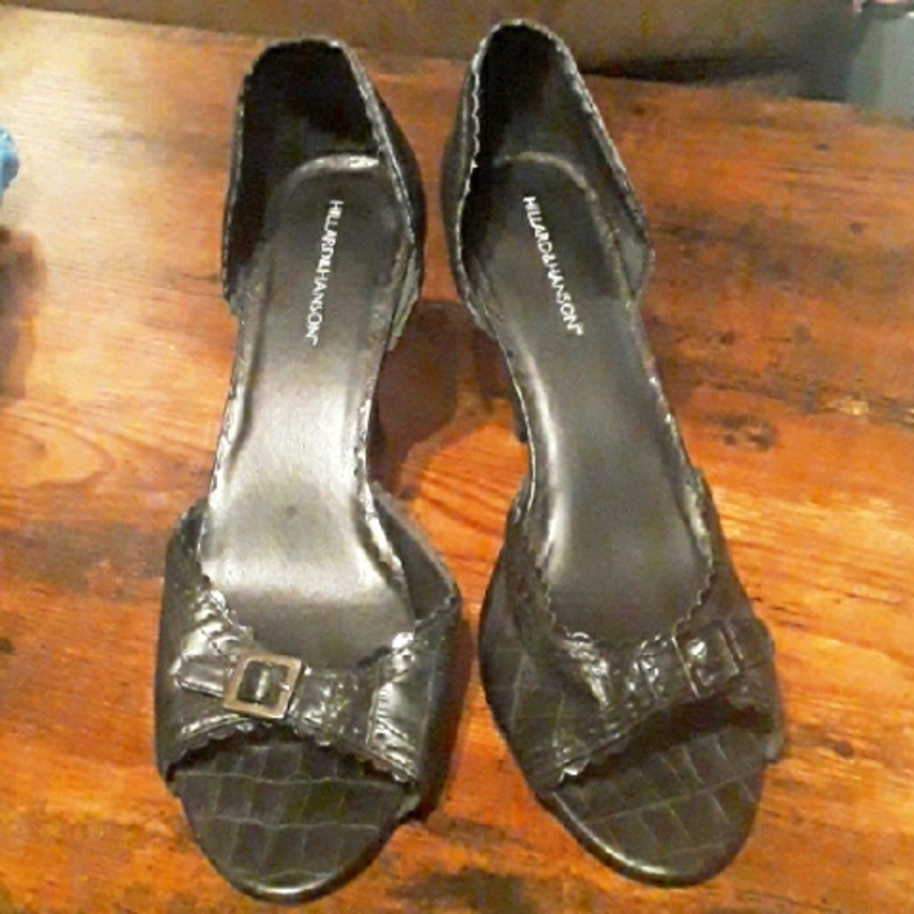 Vintage Hillard&Hanson Sz 10 Sexy Black Faux Alligator Silver Buckle Heels